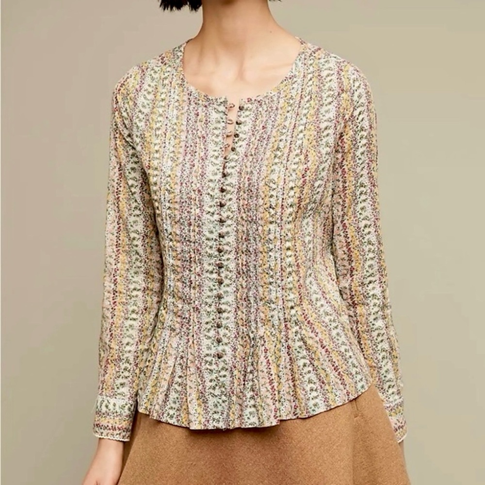 Maeve by Anthropologie Gelise Floral Pleated Top Green Multi Button Size Small